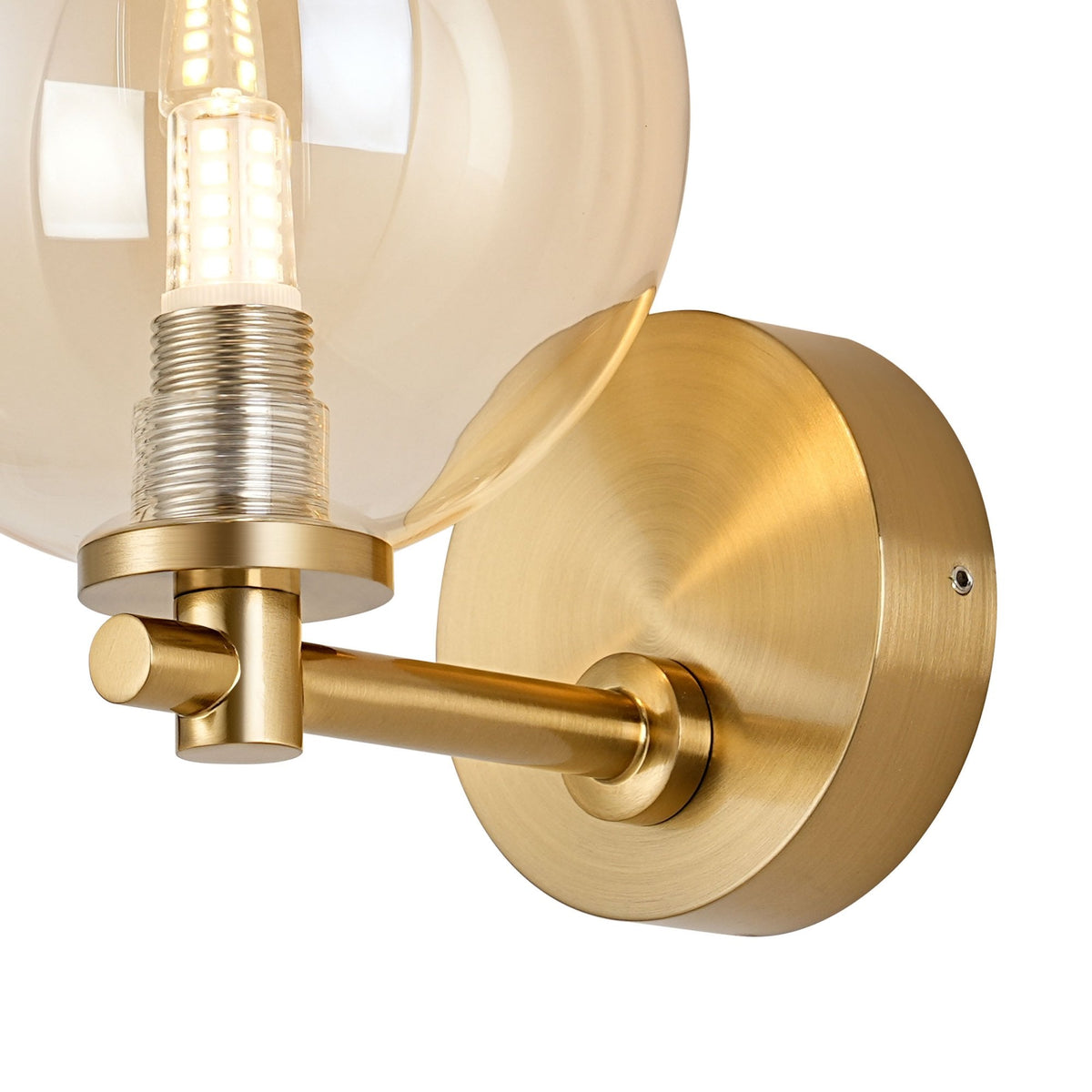 Tenterden Short Arm IP44 Wall Light in Brass Gold with Smooth Round Amber Glass Diffuser