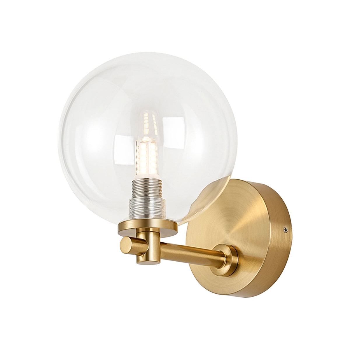 Tenterden Short Arm IP44 Wall Light in Brass Gold with Smooth Round Clear Glass Diffuser