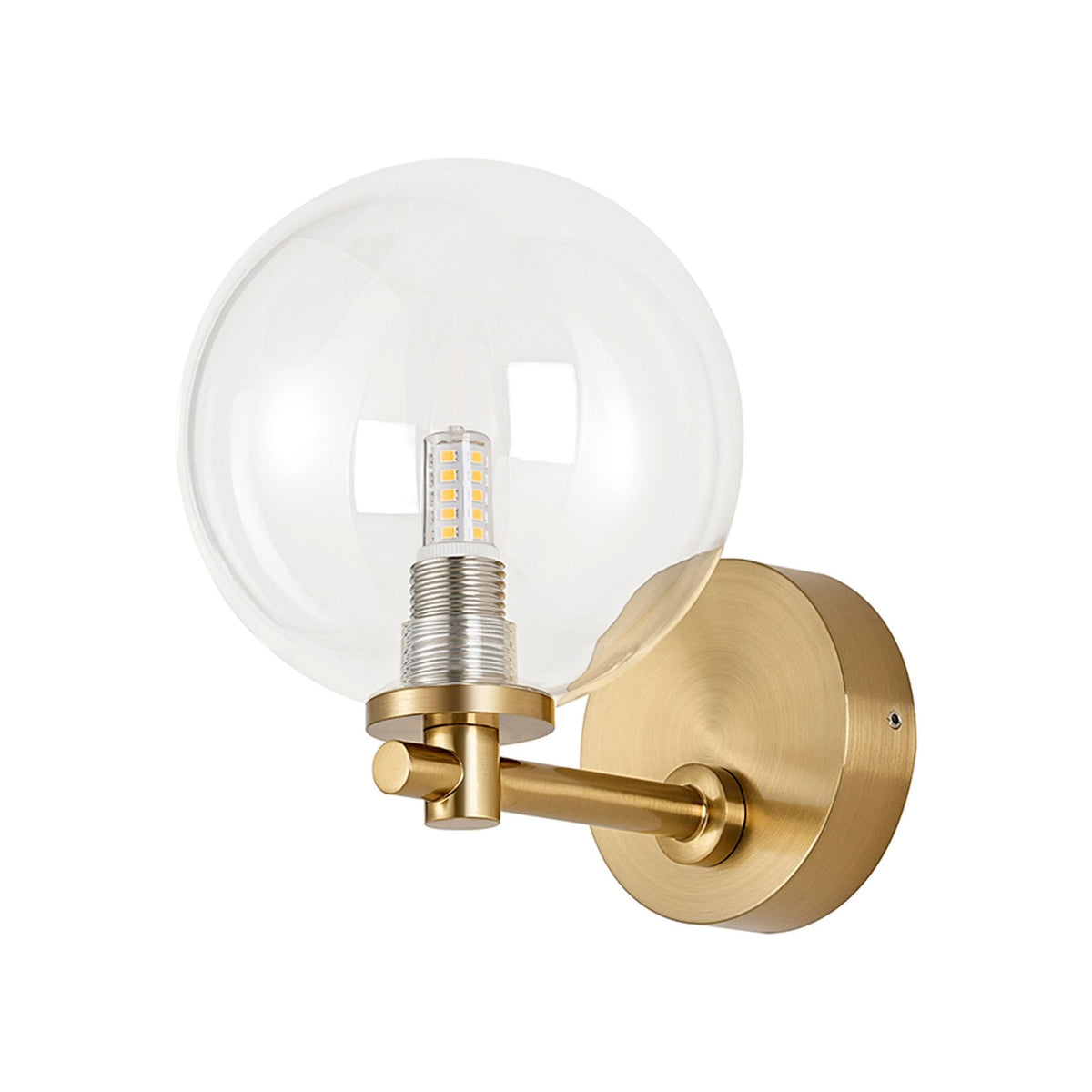 Tenterden Short Arm IP44 Wall Light in Brass Gold with Smooth Round Clear Glass Diffuser