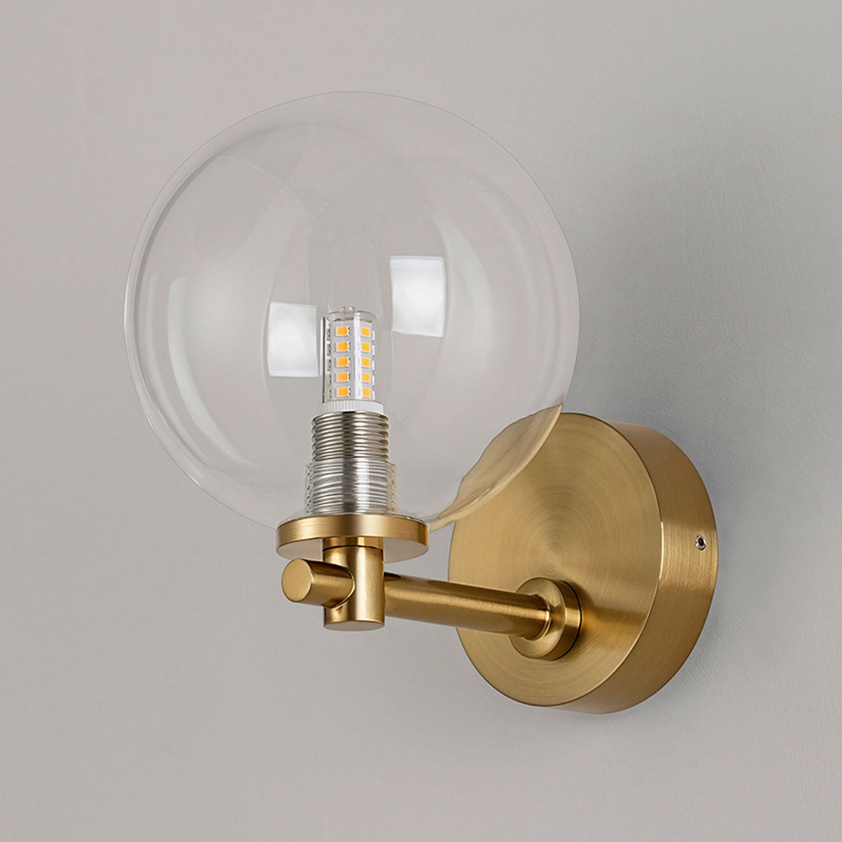 Tenterden Short Arm IP44 Wall Light in Brass Gold with Smooth Round Clear Glass Diffuser
