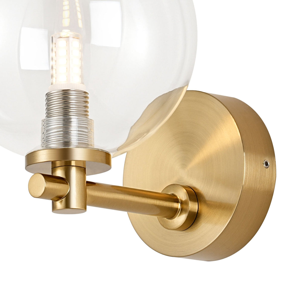 Tenterden Short Arm IP44 Wall Light in Brass Gold with Smooth Round Clear Glass Diffuser