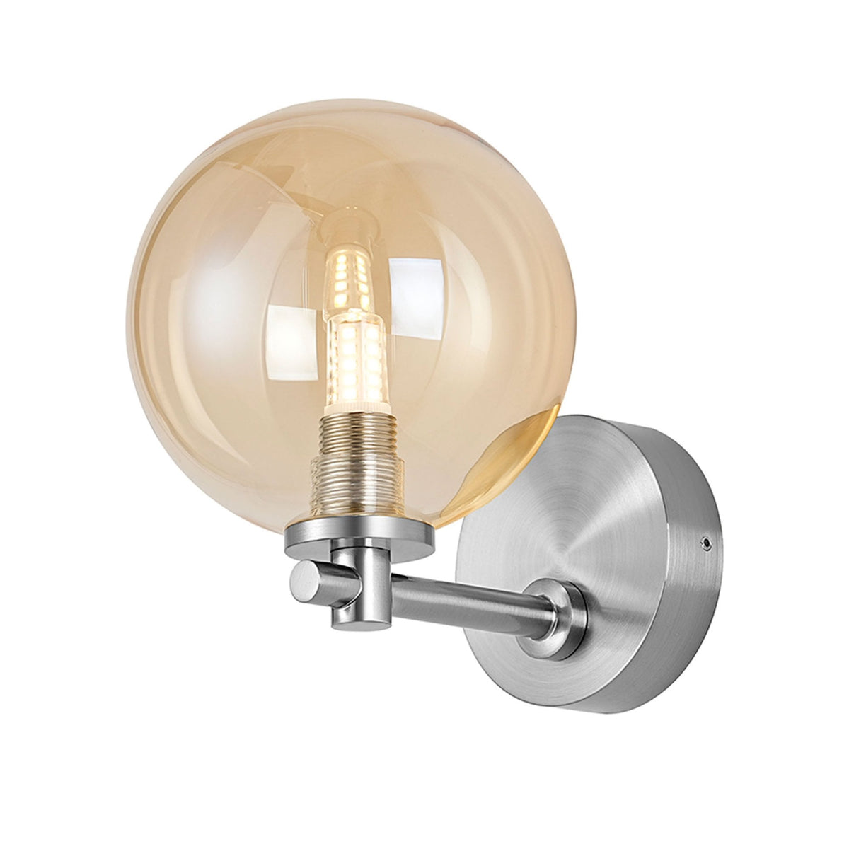 Tenterden Short Arm IP44 Wall Light in Chrome with Smooth Round Amber Glass Diffuser