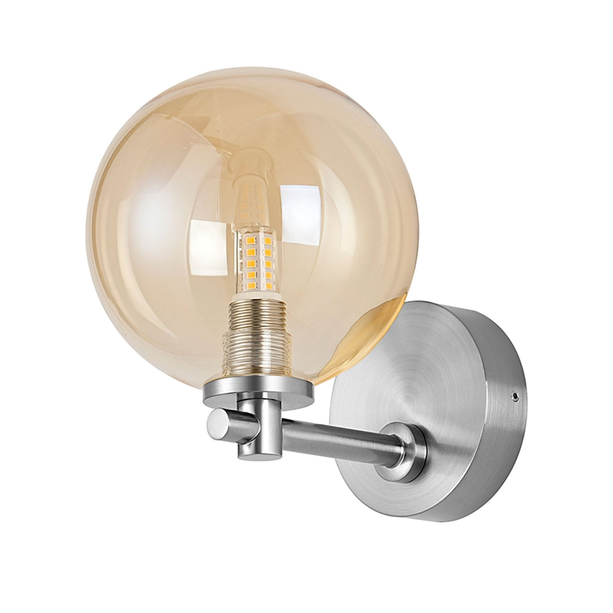 Tenterden Short Arm IP44 Wall Light in Chrome with Smooth Round Amber Glass Diffuser