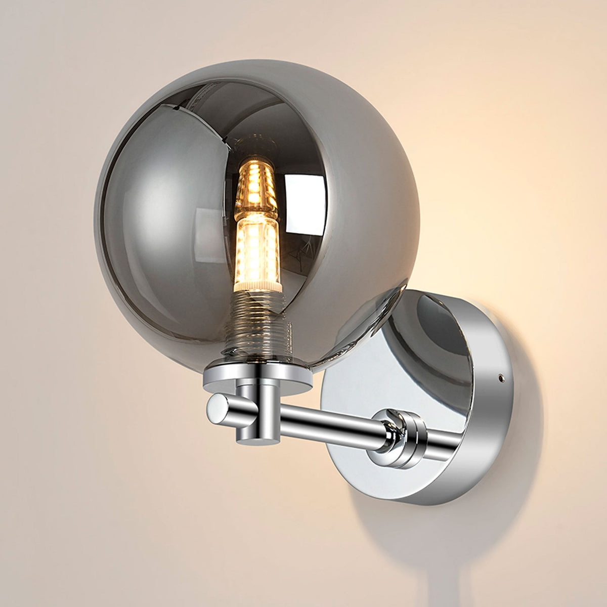 Tenterden Short Arm IP44 Wall Light in Chrome with Smooth Round Smoke Glass Diffuser