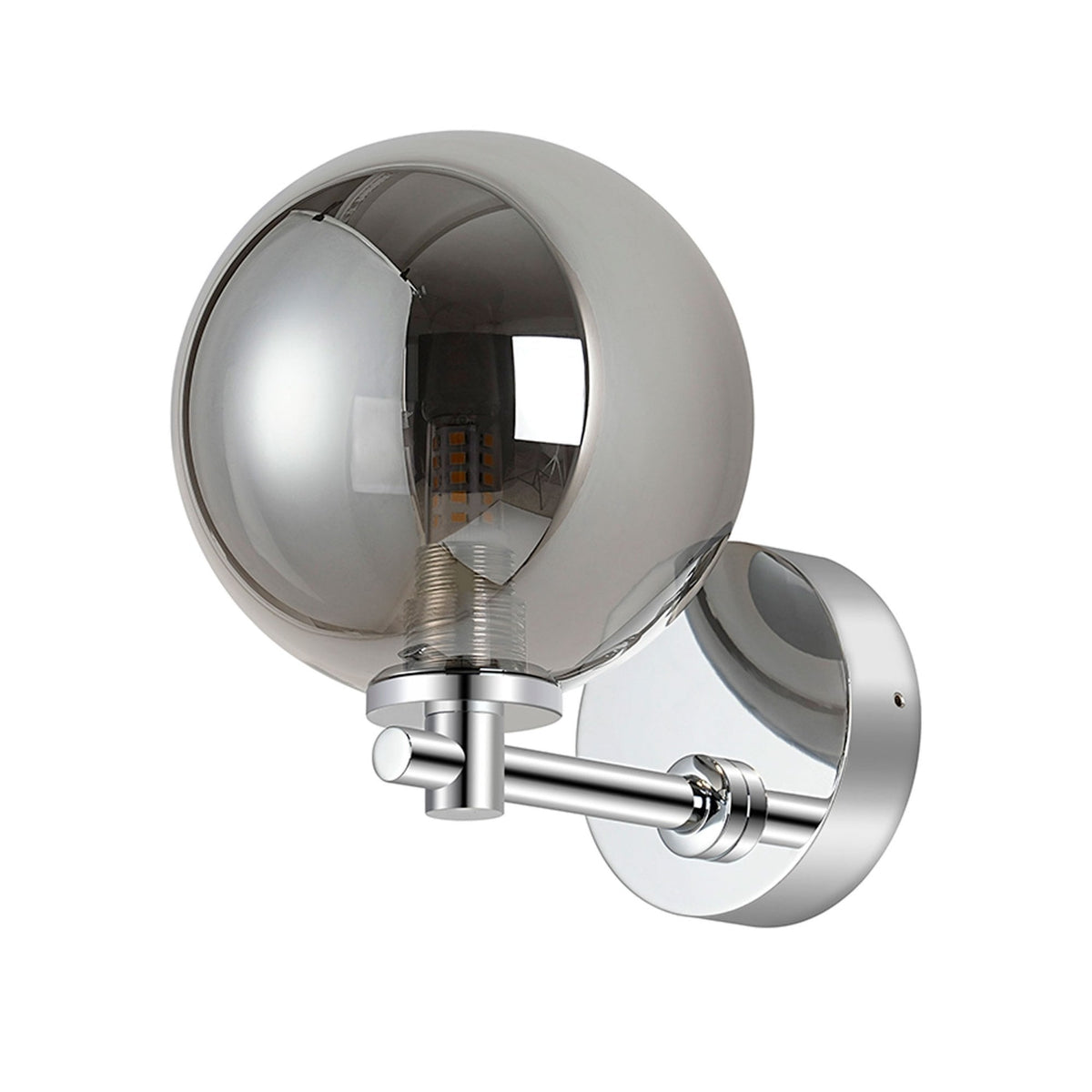 Tenterden Short Arm IP44 Wall Light in Chrome with Smooth Round Smoke Glass Diffuser