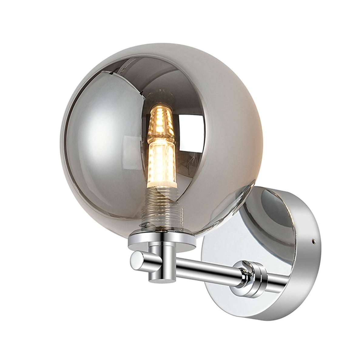 Tenterden Short Arm IP44 Wall Light in Chrome with Smooth Round Smoke Glass Diffuser