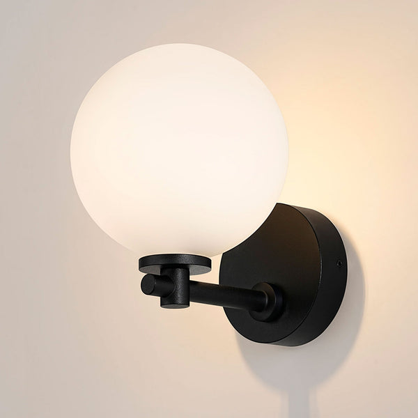 Tenterden Short Arm IP44 Wall Light in Satin Black with Smooth Round Opal Glass Diffuser