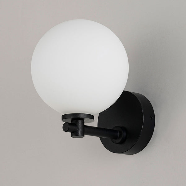 Tenterden Short Arm IP44 Wall Light in Satin Black with Smooth Round Opal Glass Diffuser