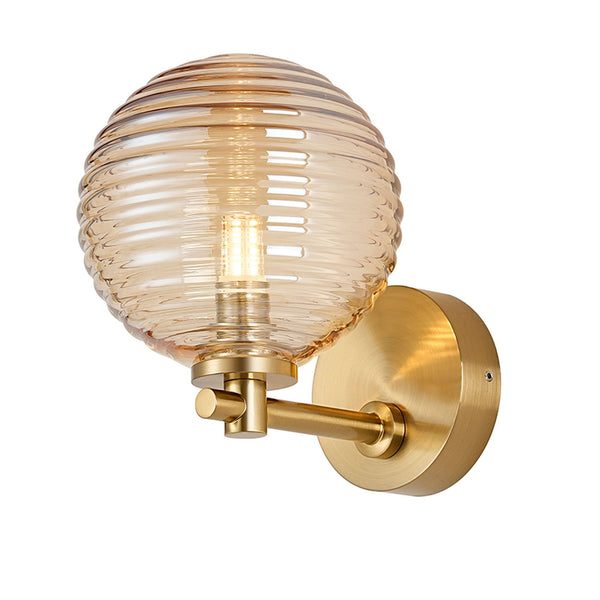 Tenterden Short Arm IP44 Wall Light in Brass Gold with Ribbed Round Amber Glass Diffuser