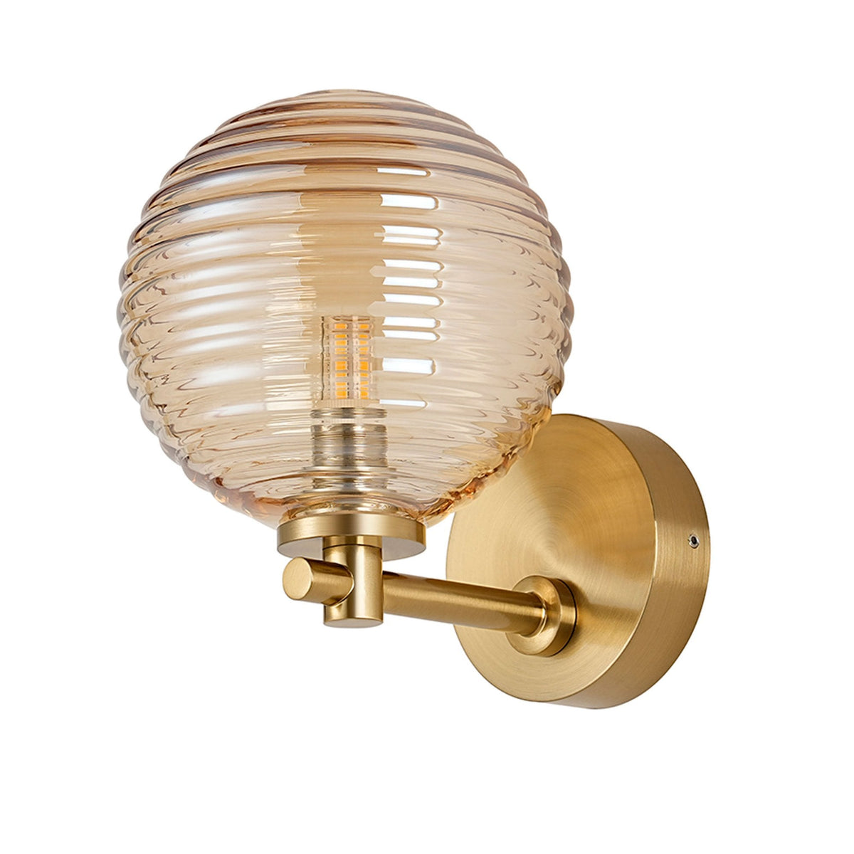 Tenterden Short Arm IP44 Wall Light in Brass Gold with Ribbed Round Amber Glass Diffuser