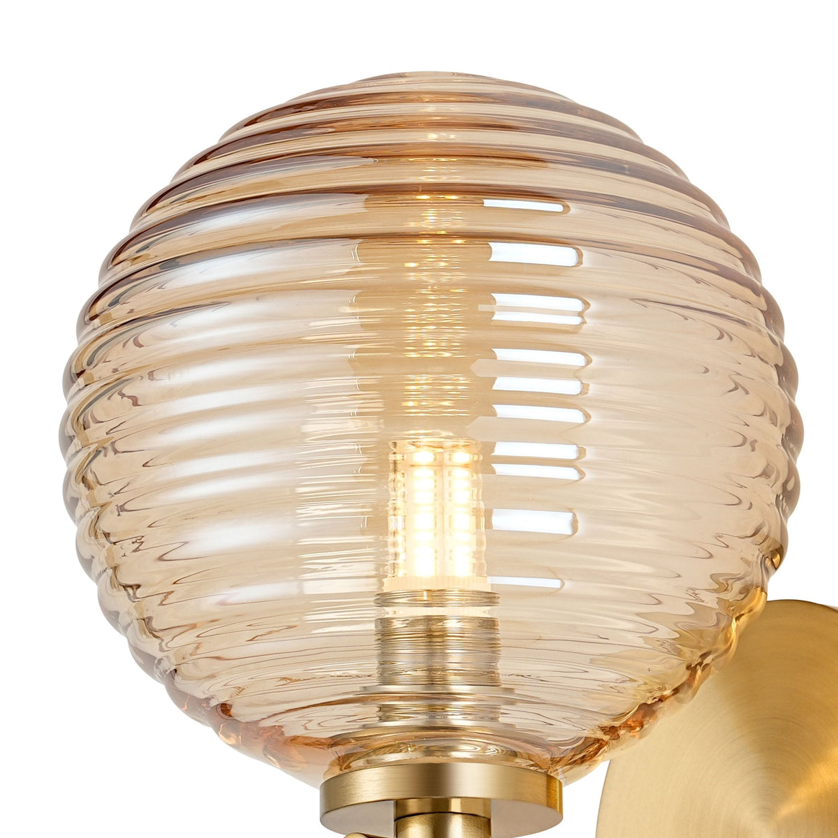 Tenterden Short Arm IP44 Wall Light in Brass Gold with Ribbed Round Amber Glass Diffuser