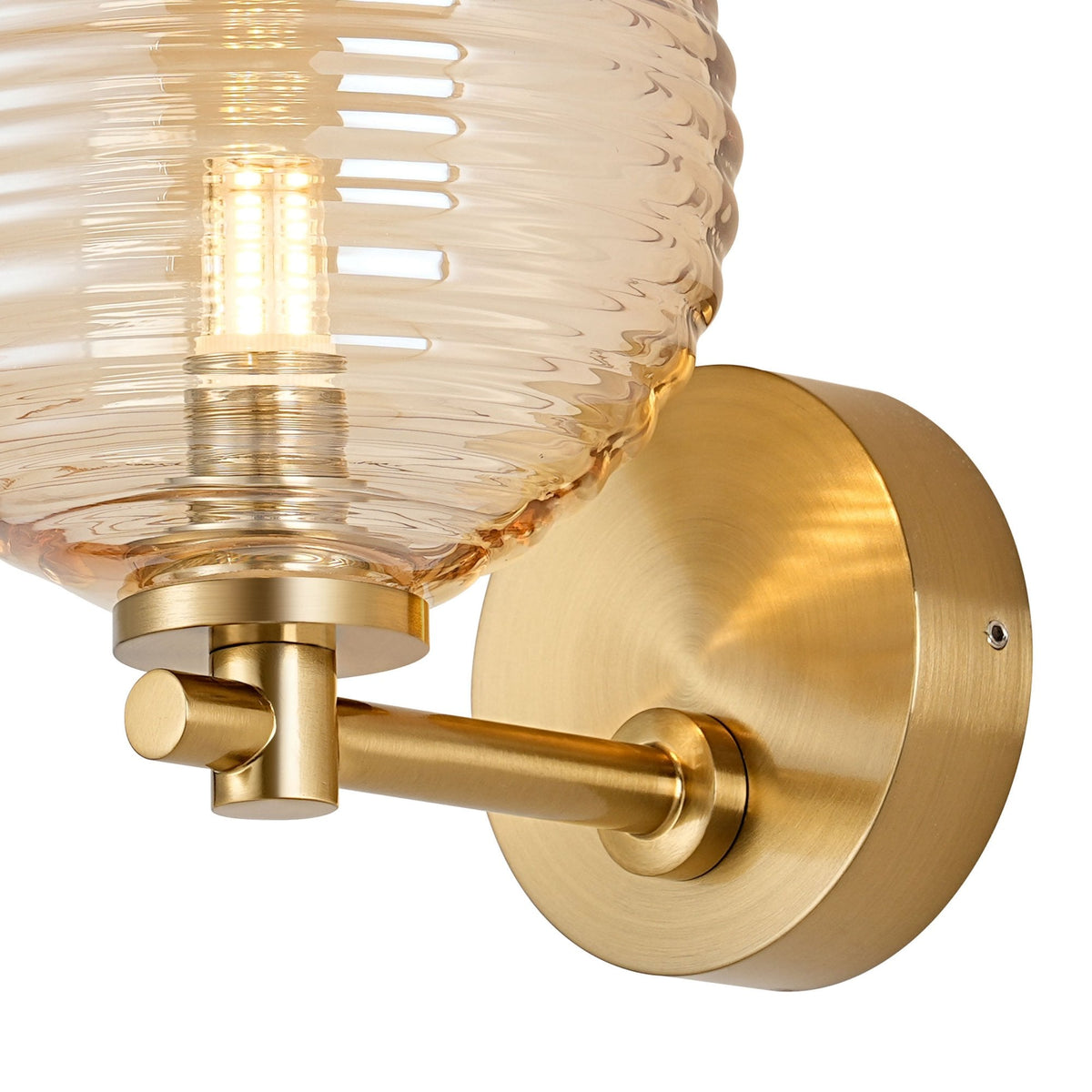 Tenterden Short Arm IP44 Wall Light in Brass Gold with Ribbed Round Amber Glass Diffuser