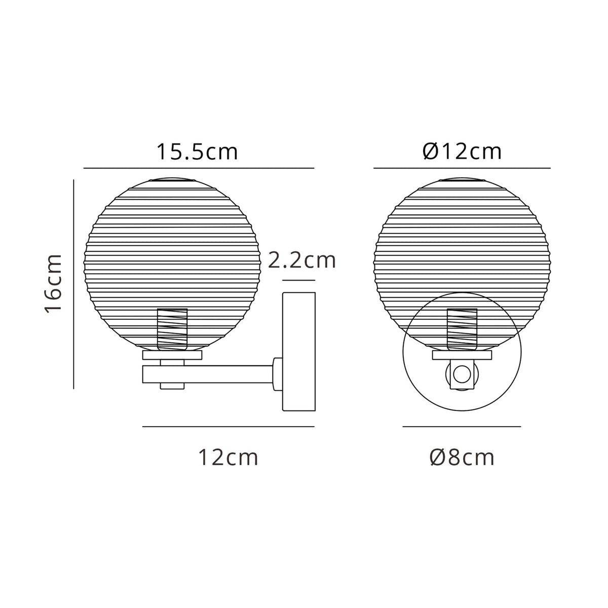 Tenterden Short Arm IP44 Wall Light in Brass Gold with Ribbed Round Amber Glass Diffuser