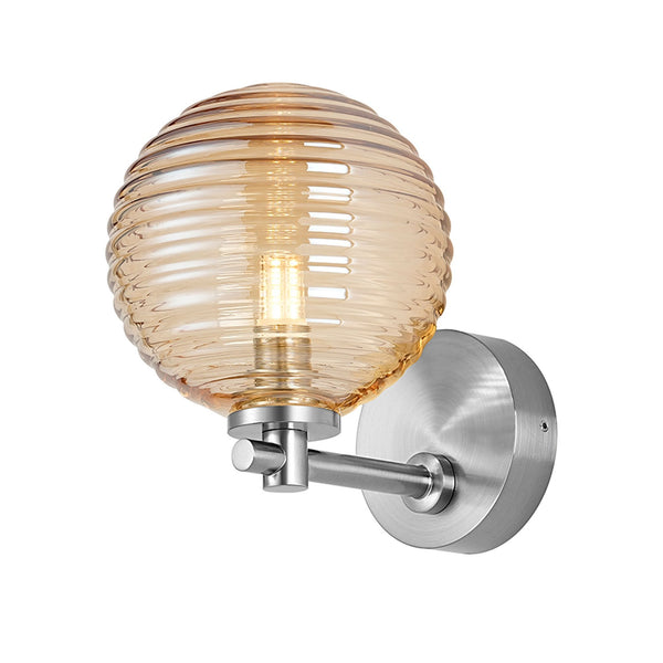 Tenterden Short Arm IP44 Wall Light in Chrome with Ribbed Round Amber Glass Diffuser