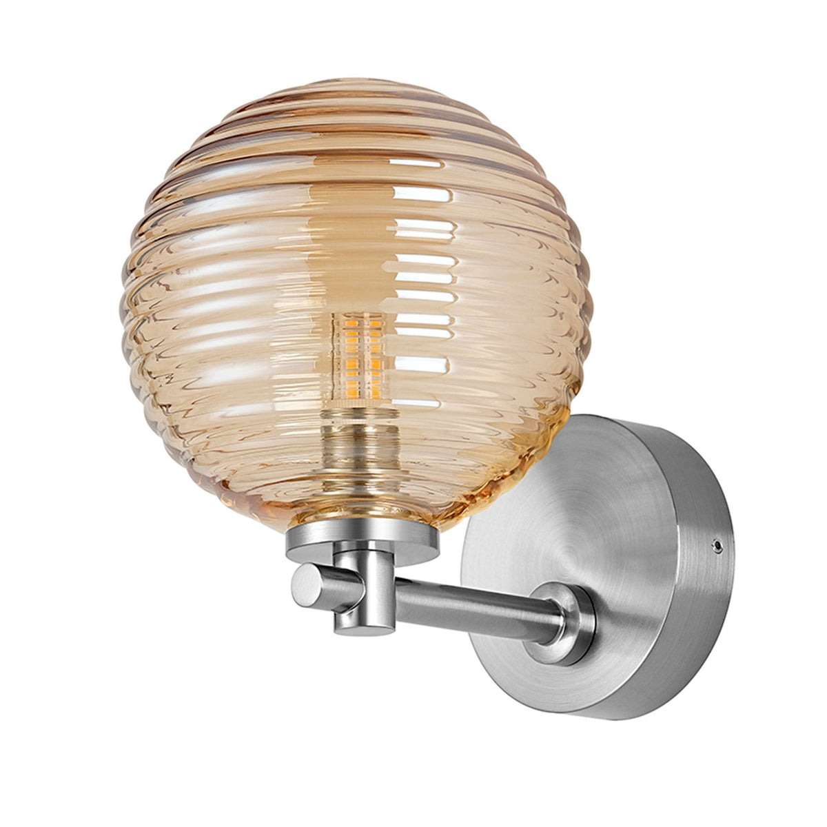 Tenterden Short Arm IP44 Wall Light in Chrome with Ribbed Round Amber Glass Diffuser