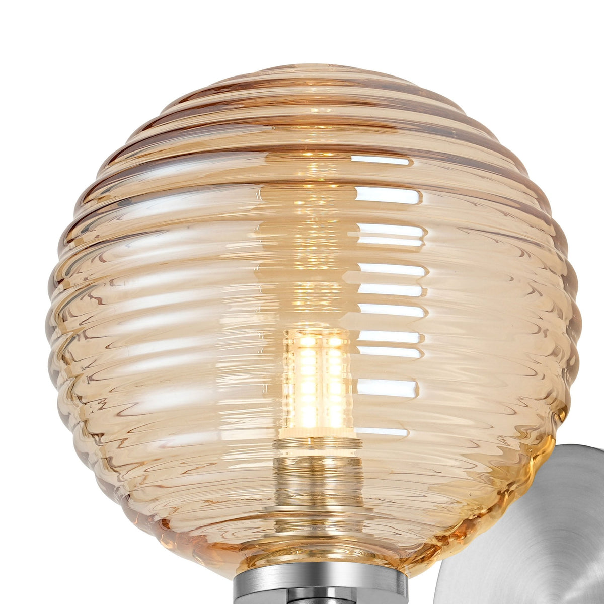 Tenterden Short Arm IP44 Wall Light in Chrome with Ribbed Round Amber Glass Diffuser
