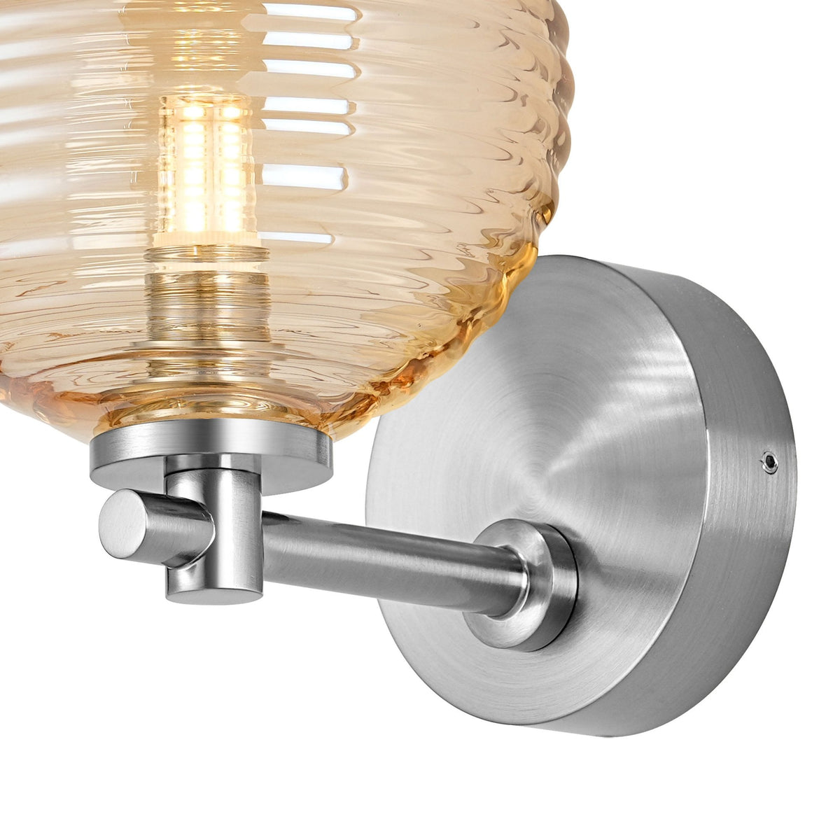 Tenterden Short Arm IP44 Wall Light in Chrome with Ribbed Round Amber Glass Diffuser
