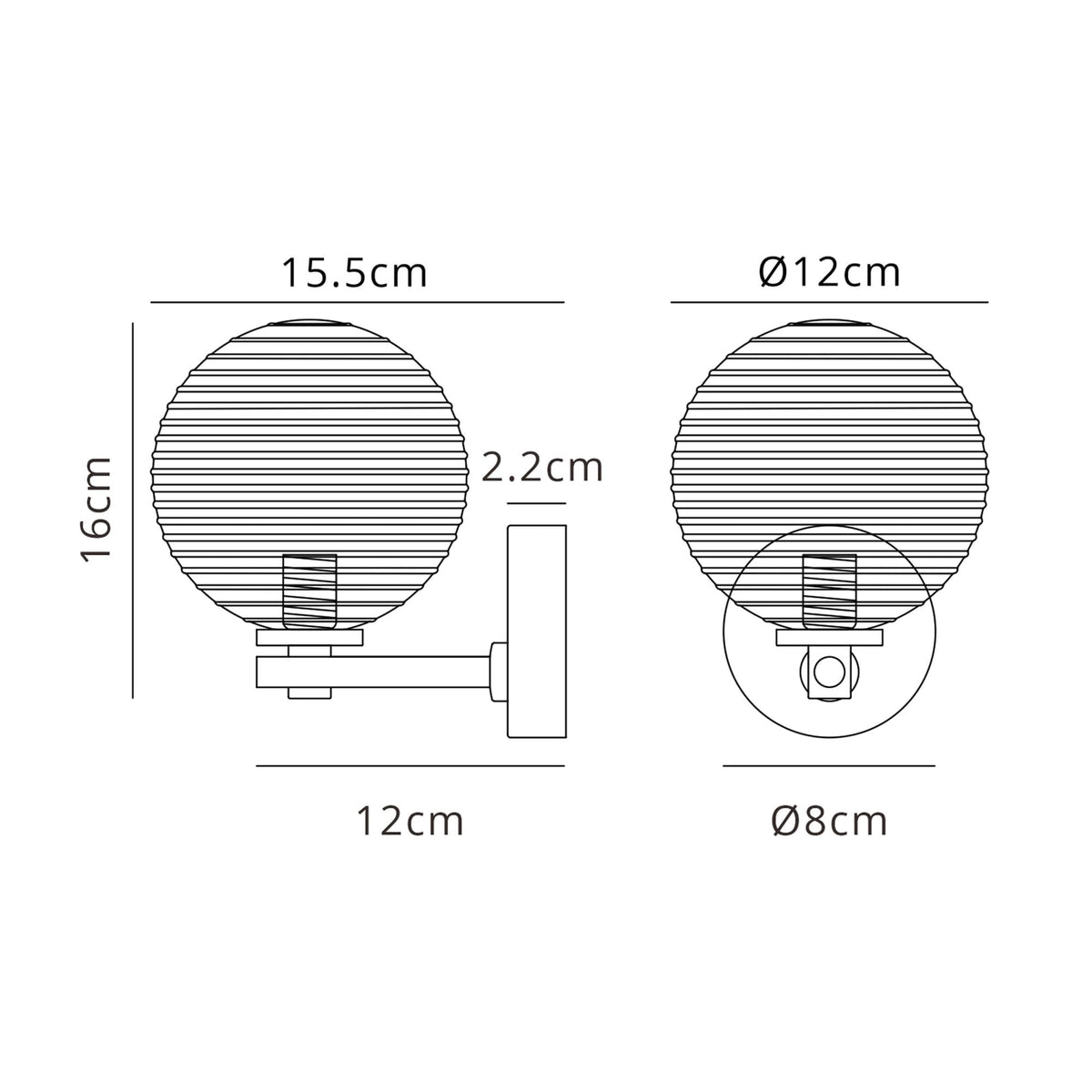 Tenterden Short Arm IP44 Wall Light in Chrome with Ribbed Round Amber Glass Diffuser