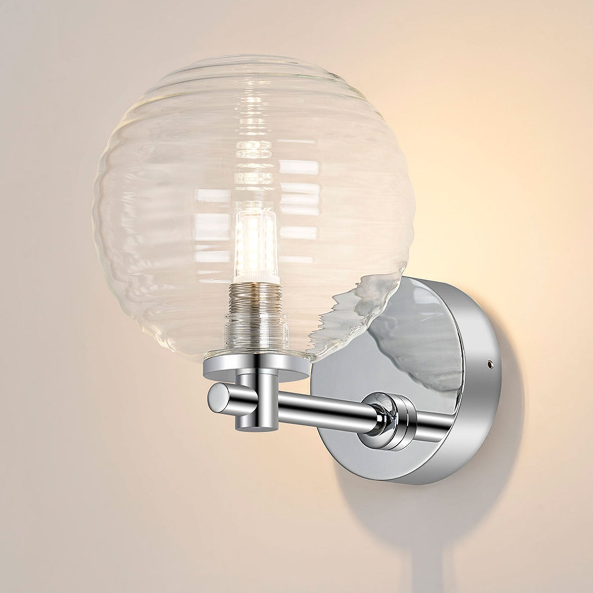 Tenterden Short Arm IP44 Wall Light in Chrome with Ribbed Round Clear Glass Diffuser