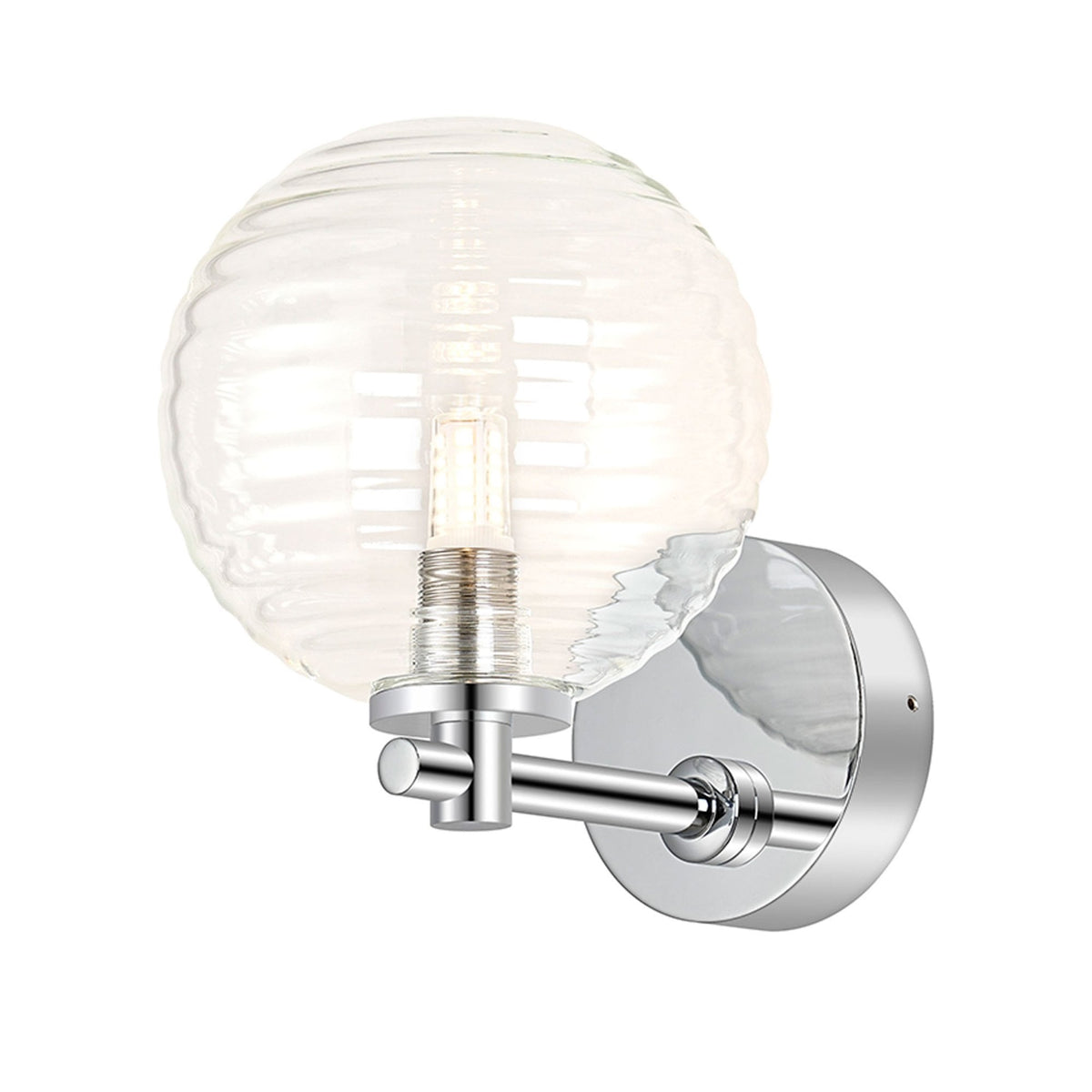 Tenterden Short Arm IP44 Wall Light in Chrome with Ribbed Round Clear Glass Diffuser