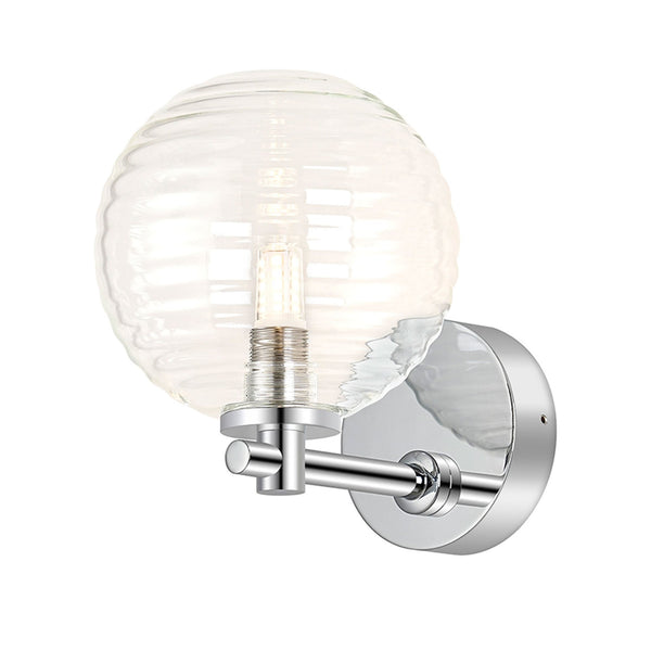 Tenterden Short Arm IP44 Wall Light in Chrome with Ribbed Round Clear Glass Diffuser