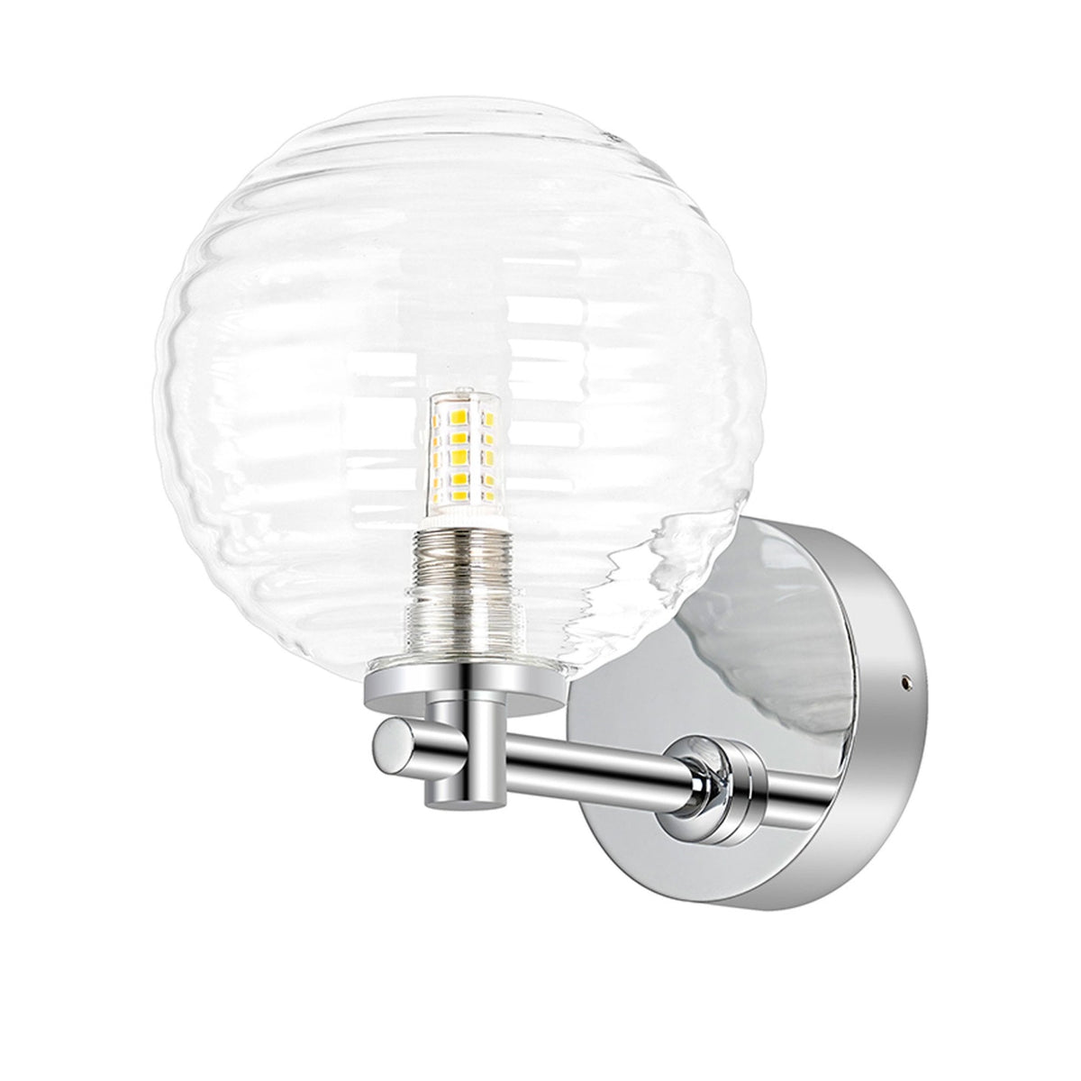 Tenterden Short Arm IP44 Wall Light in Chrome with Ribbed Round Clear Glass Diffuser