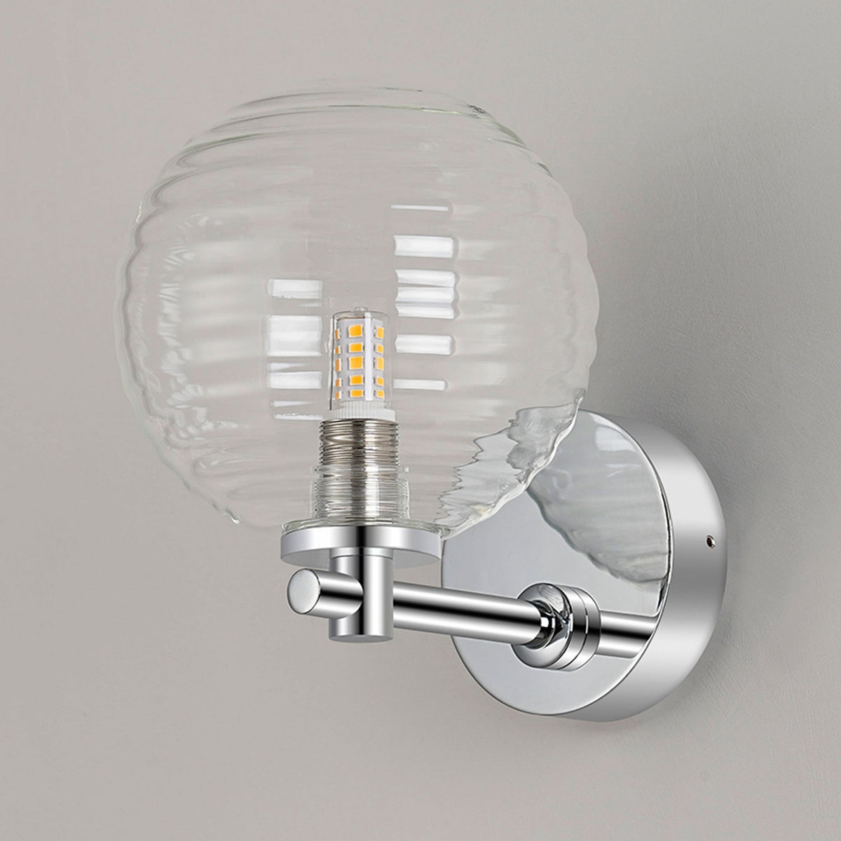 Tenterden Short Arm IP44 Wall Light in Chrome with Ribbed Round Clear Glass Diffuser