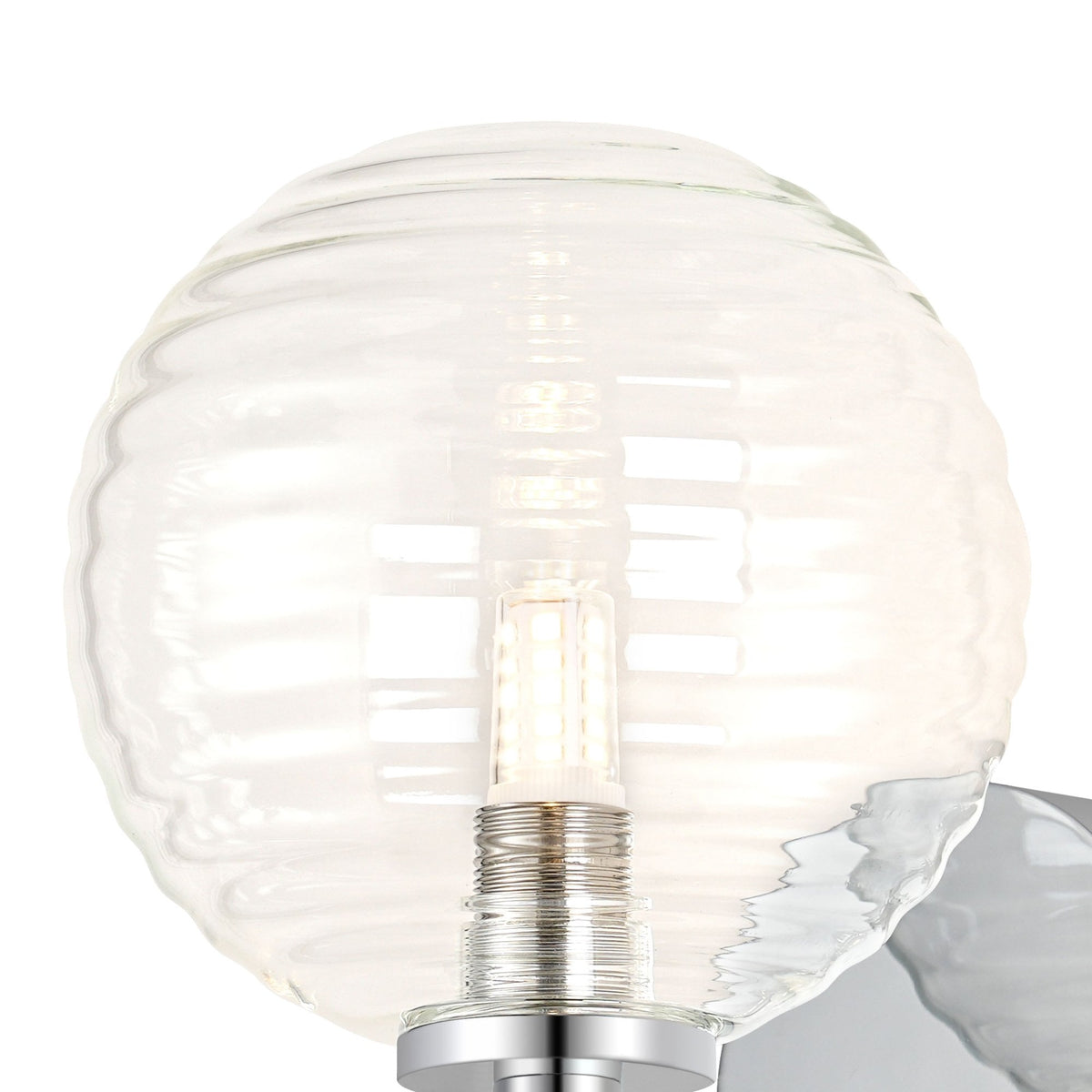 Tenterden Short Arm IP44 Wall Light in Chrome with Ribbed Round Clear Glass Diffuser