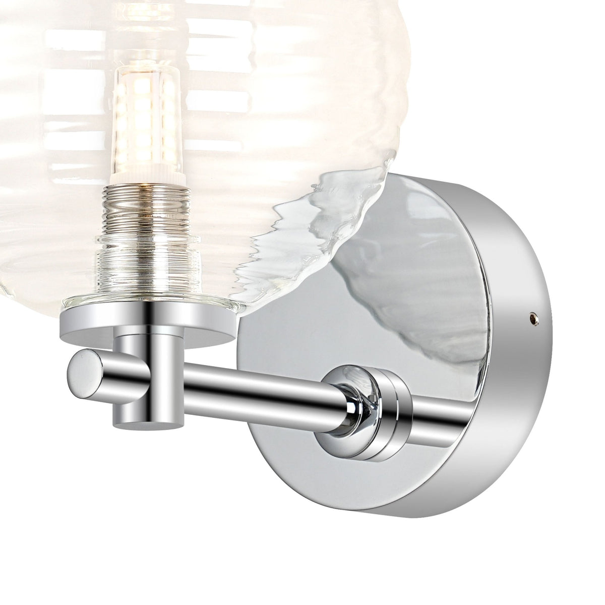 Tenterden Short Arm IP44 Wall Light in Chrome with Ribbed Round Clear Glass Diffuser