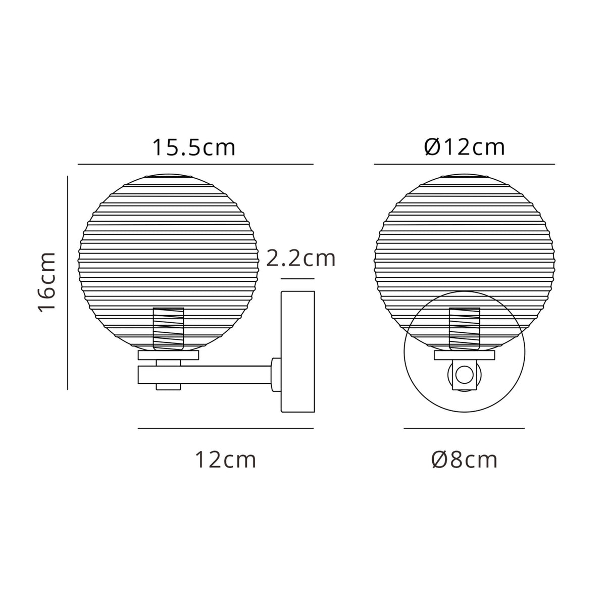 Tenterden Short Arm IP44 Wall Light in Chrome with Ribbed Round Clear Glass Diffuser