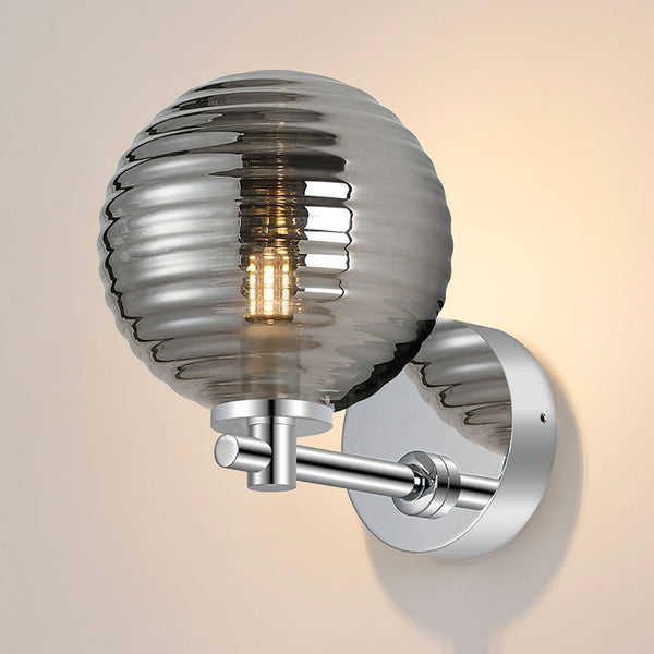 Tenterden Short Arm IP44 Wall Light in Chrome with Ribbed Round Smoke Glass Diffuser