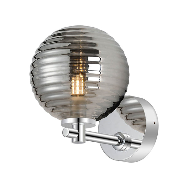 Tenterden Short Arm IP44 Wall Light in Chrome with Ribbed Round Smoke Glass Diffuser