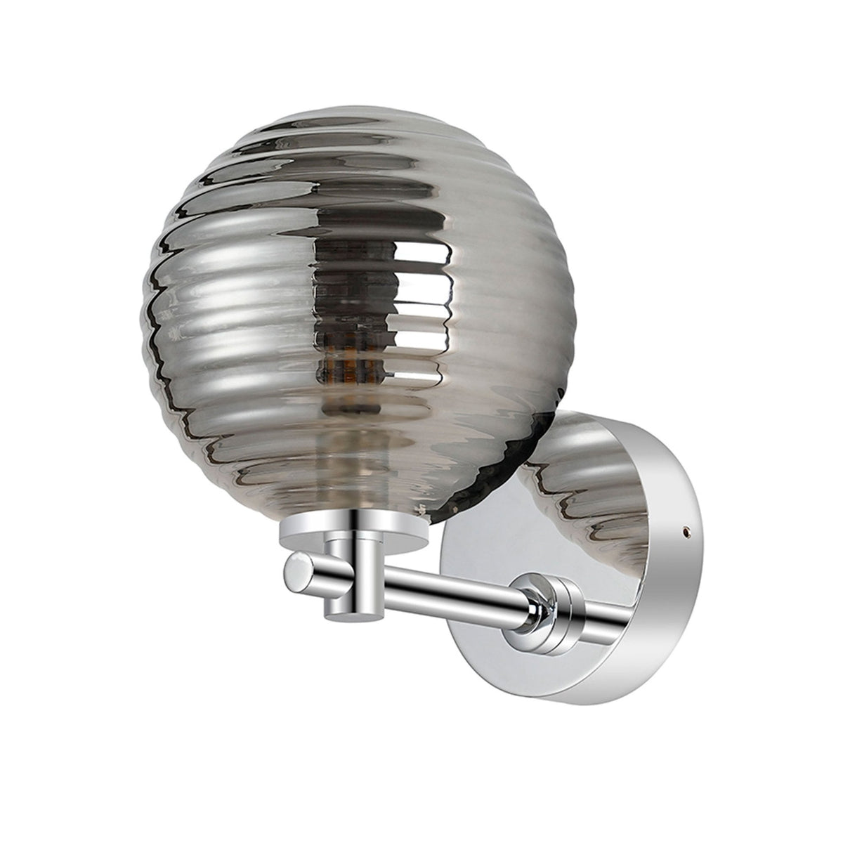 Tenterden Short Arm IP44 Wall Light in Chrome with Ribbed Round Smoke Glass Diffuser