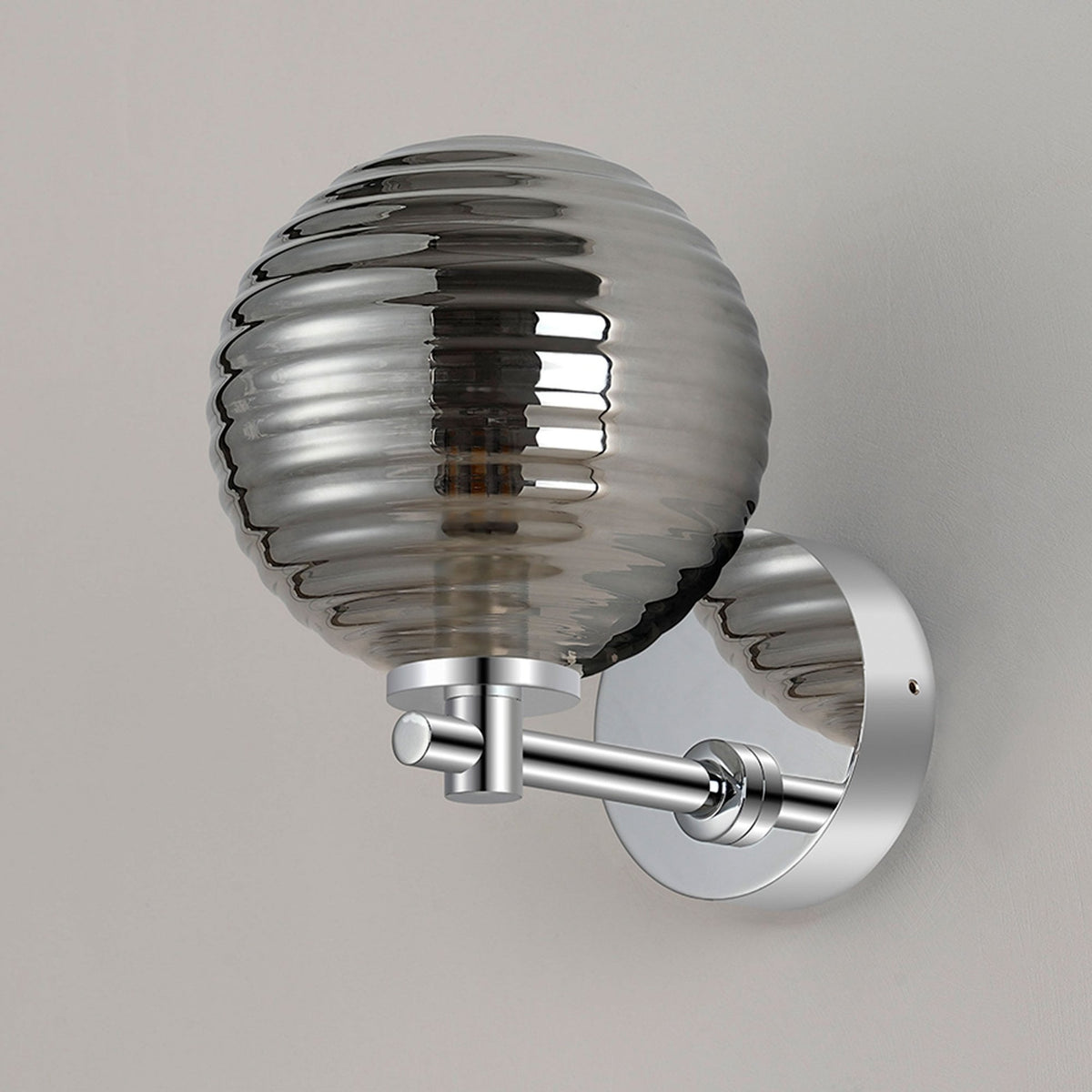 Tenterden Short Arm IP44 Wall Light in Chrome with Ribbed Round Smoke Glass Diffuser