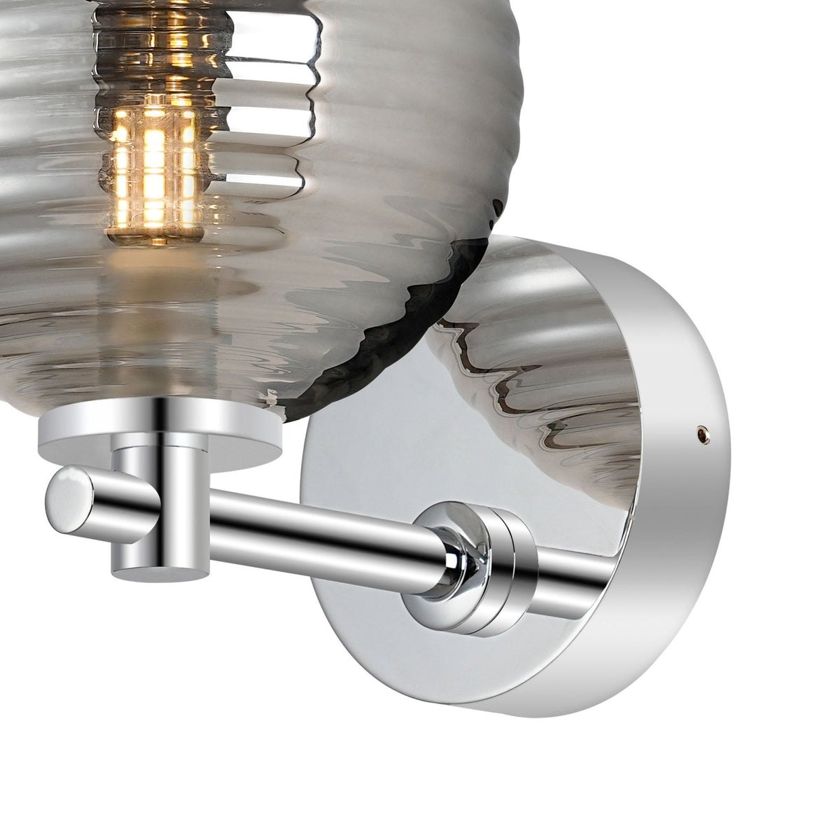 Tenterden Short Arm IP44 Wall Light in Chrome with Ribbed Round Smoke Glass Diffuser