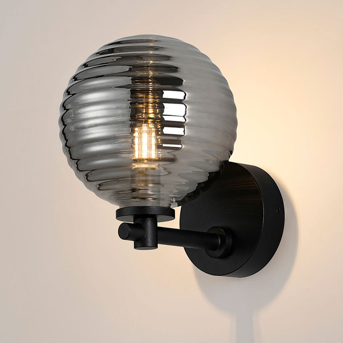 Tenterden Short Arm IP44 Wall Light in Satin Black with Ribbed Round Smoke Glass Diffuser