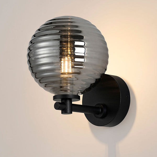 Tenterden Short Arm IP44 Wall Light in Satin Black with Ribbed Round Smoke Glass Diffuser