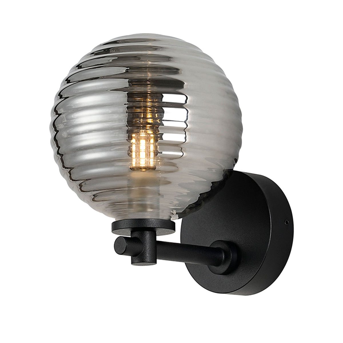 Tenterden Short Arm IP44 Wall Light in Satin Black with Ribbed Round Smoke Glass Diffuser
