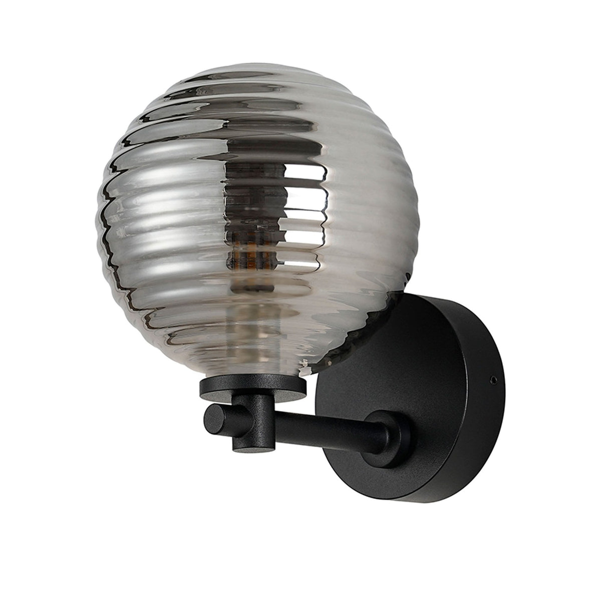 Tenterden Short Arm IP44 Wall Light in Satin Black with Ribbed Round Smoke Glass Diffuser