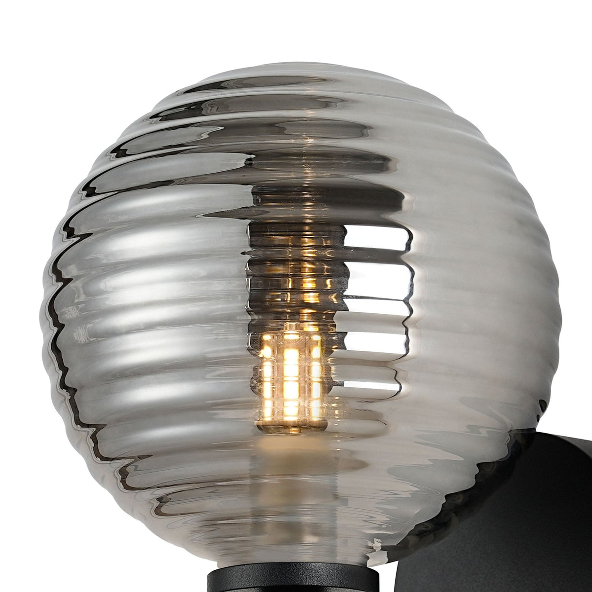 Tenterden Short Arm IP44 Wall Light in Satin Black with Ribbed Round Smoke Glass Diffuser