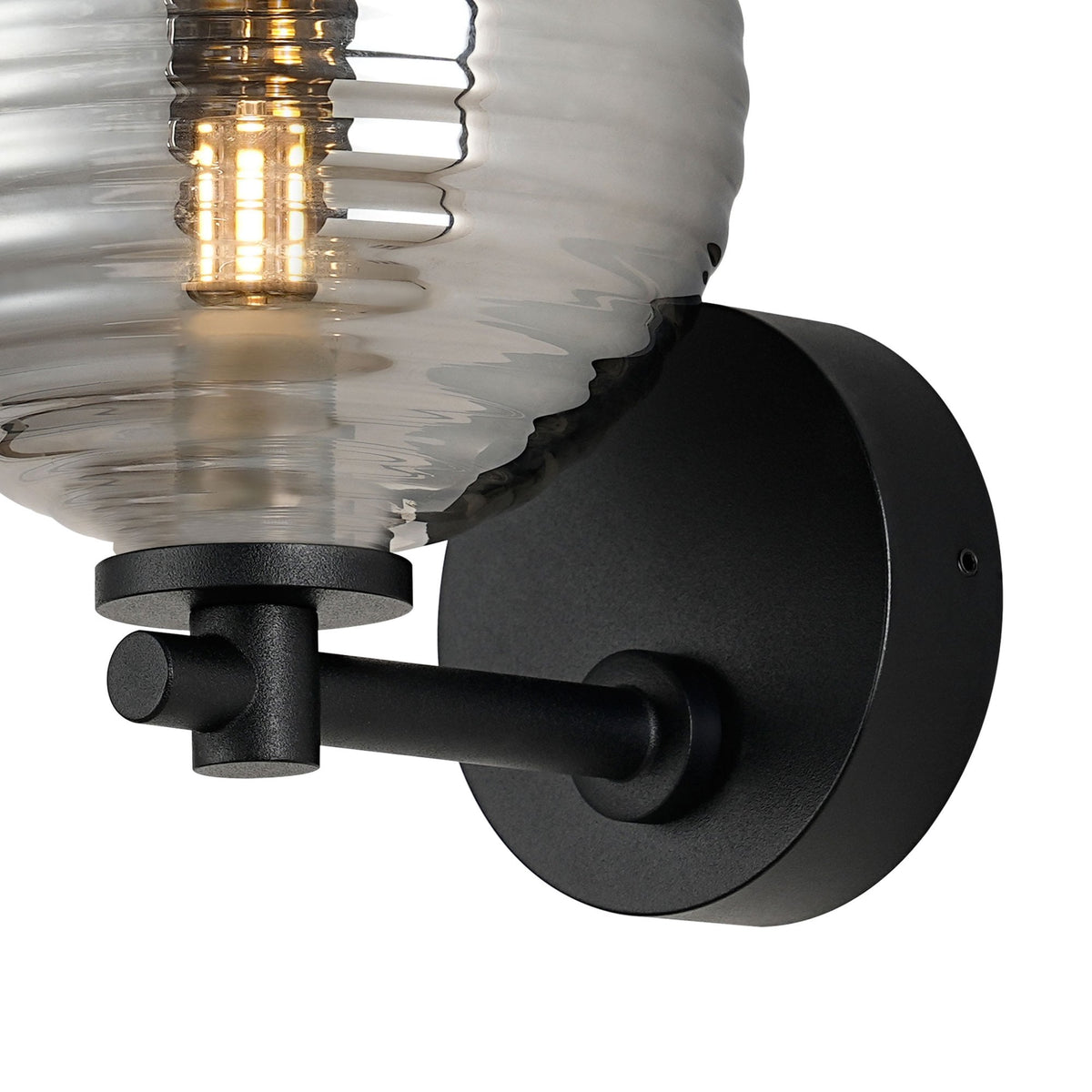 Tenterden Short Arm IP44 Wall Light in Satin Black with Ribbed Round Smoke Glass Diffuser