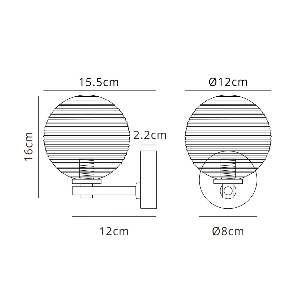 Tenterden Short Arm IP44 Wall Light in Satin Black with Ribbed Round Smoke Glass Diffuser