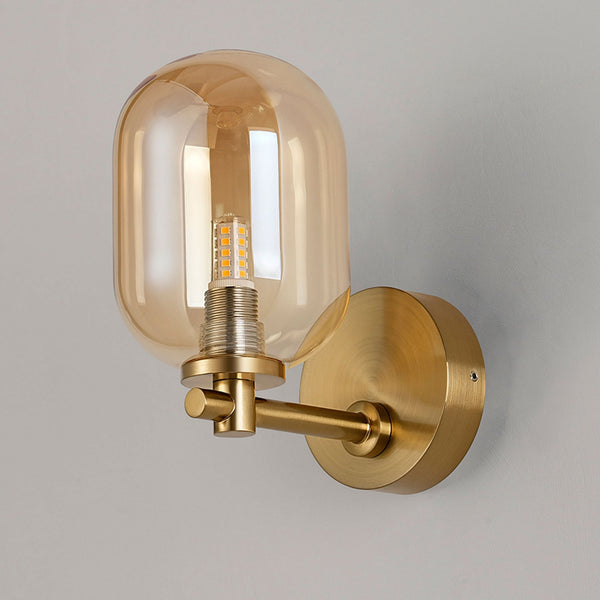 Tenterden Short Arm IP44 Wall Light in Brass Gold with Smooth Tubular Amber Glass Diffuser