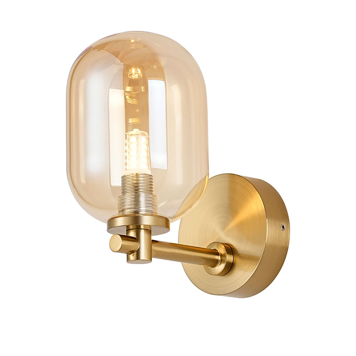 Tenterden Short Arm IP44 Wall Light in Brass Gold with Smooth Tubular Amber Glass Diffuser