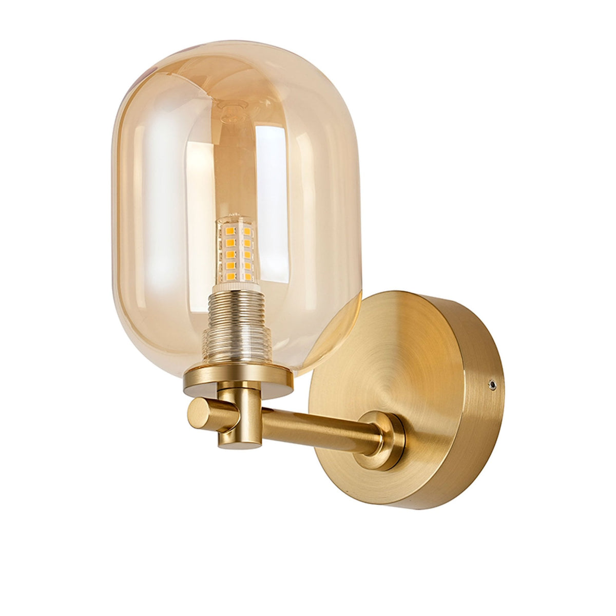 Tenterden Short Arm IP44 Wall Light in Brass Gold with Smooth Tubular Amber Glass Diffuser