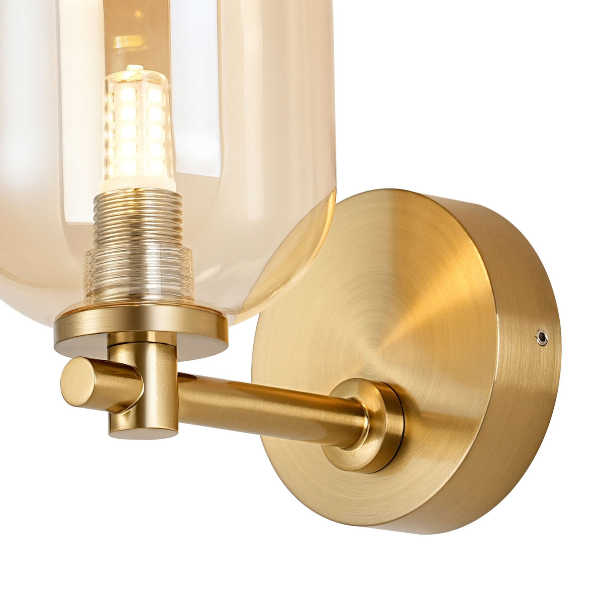 Tenterden Short Arm IP44 Wall Light in Brass Gold with Smooth Tubular Amber Glass Diffuser