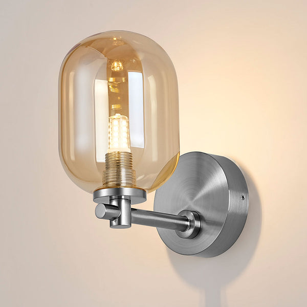 Tenterden Short Arm IP44 Wall Light in Chrome with Smooth Tubular Amber Glass Diffuser