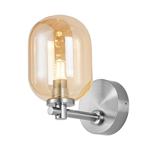 Tenterden Short Arm IP44 Wall Light in Chrome with Smooth Tubular Amber Glass Diffuser