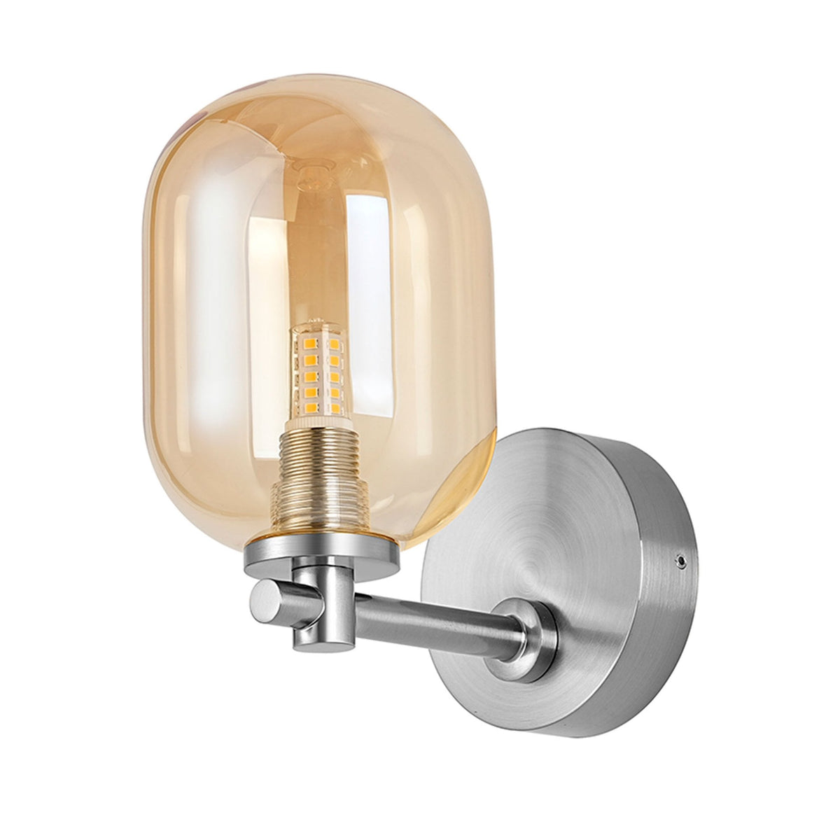 Tenterden Short Arm IP44 Wall Light in Chrome with Smooth Tubular Amber Glass Diffuser