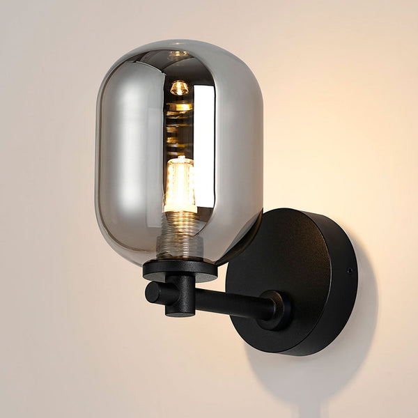 Tenterden Short Arm IP44 Wall Light in Satin Black with Smooth Tubular Smoke Glass Diffuser